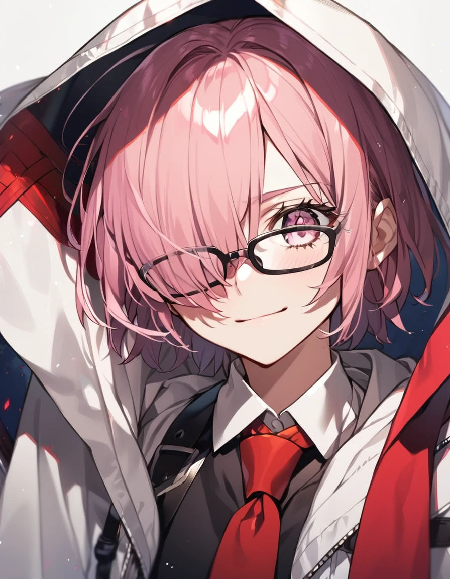 1girl(fate grand order, mash, hiding one eye, pink short hair, glasses, black uniform, red necktie, white parka, light smile)