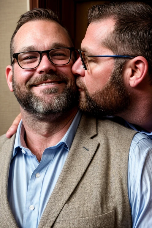 Award-winning original photos，2men, a wild muscular man and a tall chubby man, (40 years old daddy:1.1), beards, burly, hunk, (office suits), one man wearing glasses, holding each other close, kissing lovingly while leaning against a wall, detailed, lovely, upper body shot, from the side, close up
