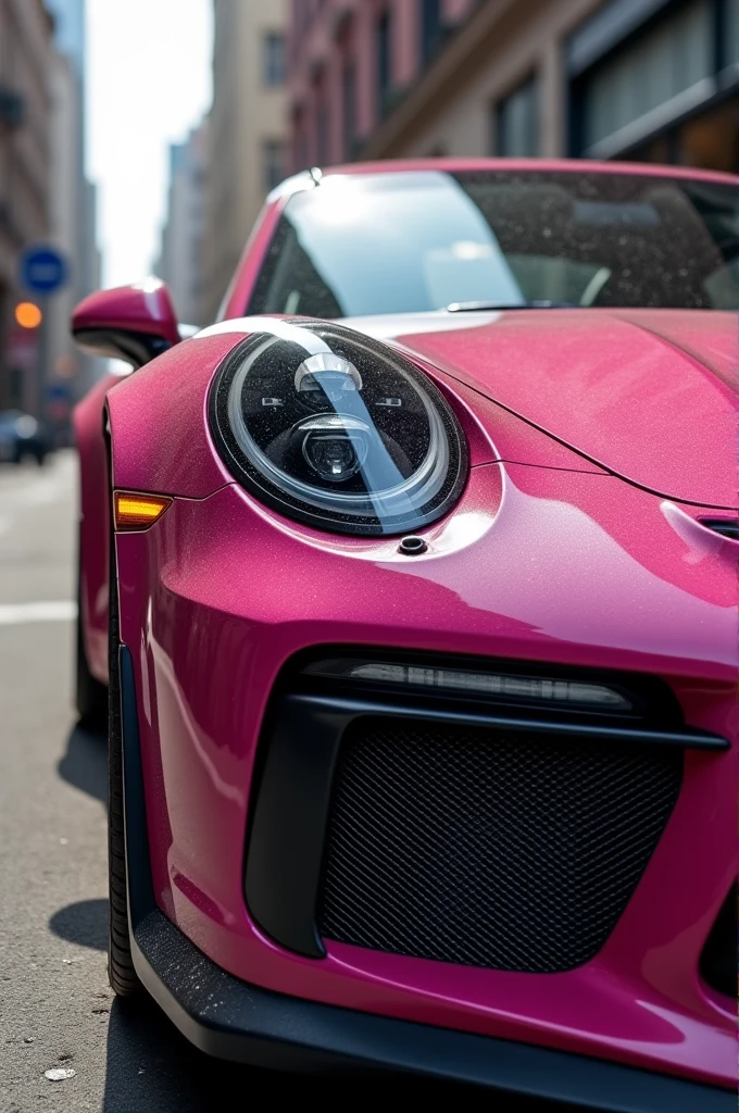 pink porche 991 car, detailed engine, realistic car, high quality, photorealistic, 8k, detailed interior, dynamic camera angle, dramatic lighting, reflective surface, urban background, in the city , dust particles, cinematic composition