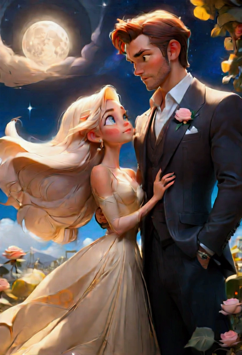 1girl, 1boy, Moonlit Confession, a young woman in a moonlit garden, confessing her love, (4k,8k,highres:1.2),ultra-detailed, HDR, UHD, studio lighting, ultra-fine painting, sharp focus, physically-based rendering, extreme detail description, professional, vivid colors, bokeh, intricate details, cinematic lighting, dramatic shadows, moody atmosphere, romantic, soft focus, beautiful girl, long flowing hair, expressive eyes, delicate features, elegant dress, moonlit night, lush garden, rose bushes, winding paths, twinkling stars, glowing moon, masterpiece, best quality, very aesthetic, absurdres