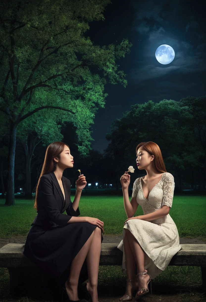 Moonlit Confession, 2 beautiful women, night beach