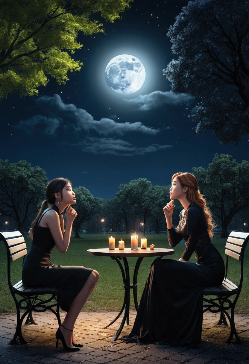 Moonlit Confession, 2 beautiful women, night beach