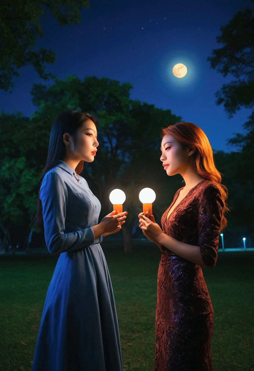 Moonlit Confession, 2 beautiful women, night beach