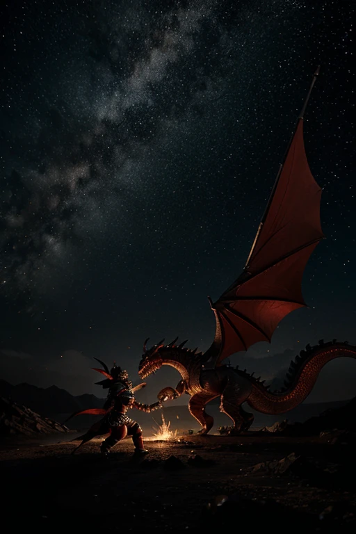 A black and red dragon,in a fight with a warrior in gold armor, com A starry sky