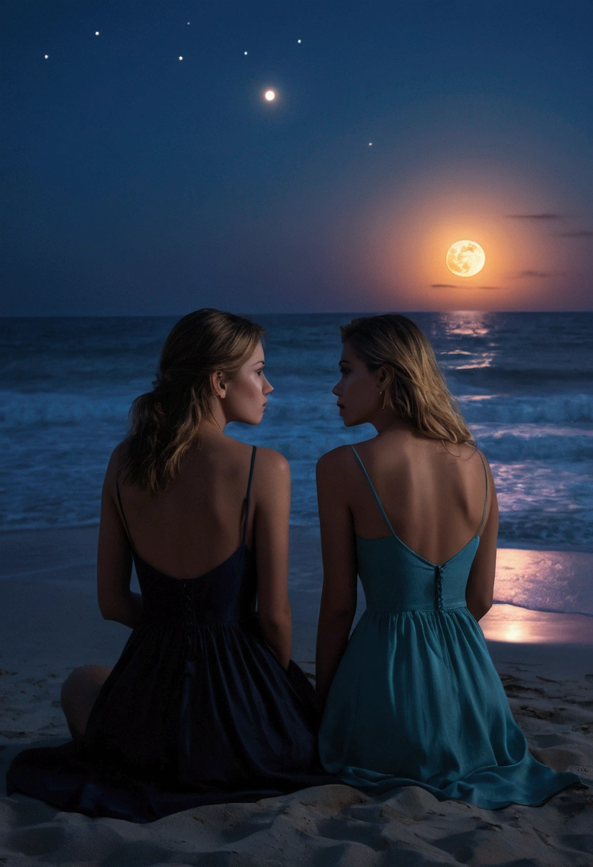 Moonlit Confession, 2 beautiful women, night beach