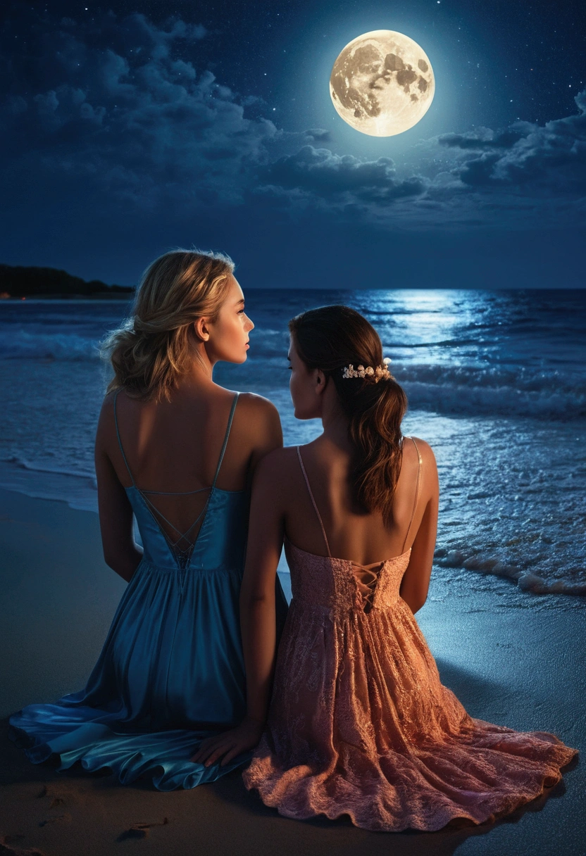 Moonlit Confession, 2 beautiful women, night beach