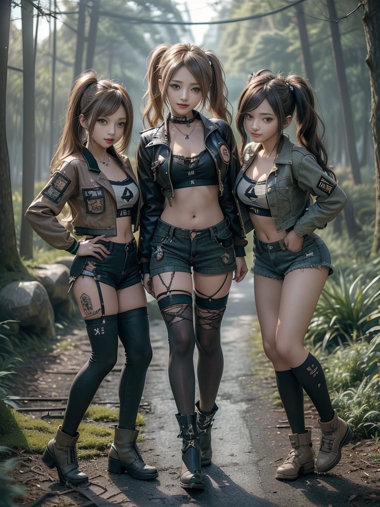 (Three Girls, 3 girls:1.5)、(Full Body View:1.3)、(Hostess:1.3)、(Smiling with teeth showing:1.3),(Shibuya Gal:1.5)、(Gothic Lolita gravure model:1.4)、(Lolita Fashion:1.5)、(Punk RockVisual Kei:1.4)、(A modern short jacket in dark grey and moss green.:1.5)、(Tattered brown and charcoal denim low rise cargo pants:1.5)、(Mustard Yellow Headband:1.3)、(Charcoal and khaki striped knee socks:1.4)、collar、(Brown platform long boots)、(Clothing with logo pattern:1.4)、20-year-old、Browsing Caution,((Highest quality、In 8K、masterpiece:1.3))、Sharp focus:1.2、(Layered Cut、Huge breasts:1.1),Beautiful woman with perfect figure:1.4、(Doing an aerobics pose:1.3)、Slim Abs:1.2、Butt、Highly detailed face and skin texture、Fine grain、double eyelid,(Twin tails:1.3)、(Brown-golden hair:1.3)、Obscene、Idol Sculpture、(The three of them are posing together in a cute way.:1.3)、(The landscape is a beautiful temple of water and forest:1.3)、(Slimming your legs:1.4)、(The body is slim:1.3)、(clavicle:1.1)
