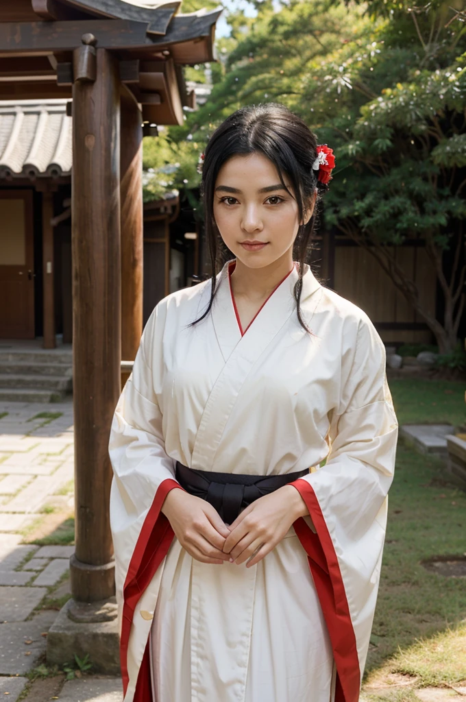 A beautiful shrine maiden stands gracefully in an elegant traditional kimono, the colors are a perfect combination of red and white which is a symbol of purity. Her jet black hair flowed long, well maintained and glistening in the sunlight. His deep, luminous black eyes radiated calm and wisdom, as if they held ancient stories from the past. Her smooth and symmetrical face is decorated with a gentle smile that gives an aura of peace to anyone who sees it.