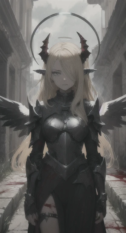 devil horns, angel wings, Halo, Glaring at viewer, slit pupils, cursed armor covered in blood, chimaera, Lilica covered in blood, medieval, village ruins, blood everywhere,