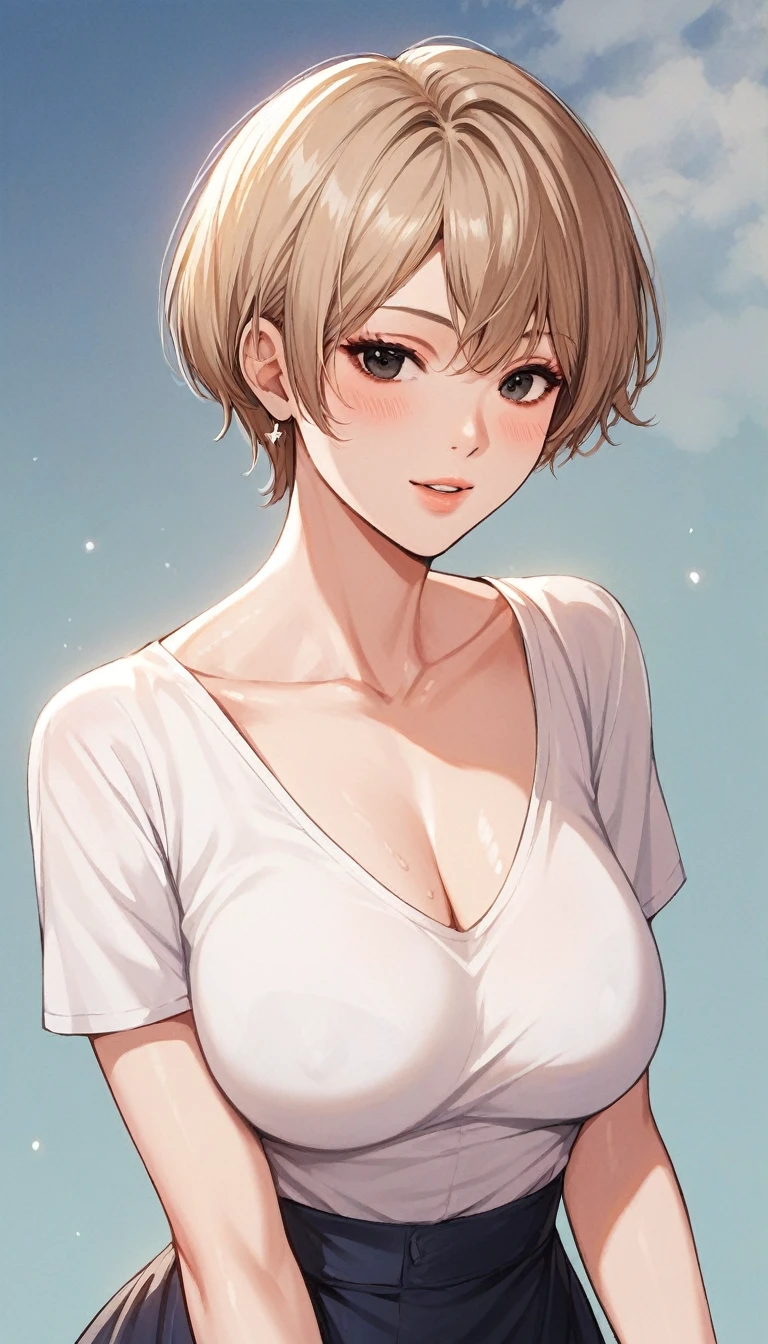 score_9, score_8_up, score_7_up, score_6_up, score_5_up, score_4_up, nari, black eyes, light brown hair, slightly disheveled short hair, masterpiece, best quality, ultra-detailed, higres, 1girl, solo, pretty face, beautiful and perfect face, detailed eyes, detailed eyelashes, full-face blush, smile open mouth, looking back, (from behind), close shot, perfect shadows, (t-shirt, hand taking off panties, panties pulled down, undressing, stripping:1.2), dripping pussy juice, large breasts, wide hips, curvy, standing, leaning forward, view of mattress and woman's bedroom