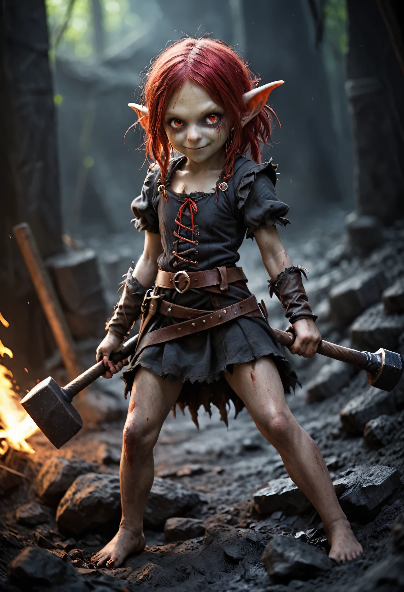 Realistic anime character, cute goblin femail, redhead, red eyes, full body portrait, holding a big hammer, little smile, in battle, dynamic composition, intricate gloomy background, dark fantasy style, dark arts, depth of field, blood of the enemies