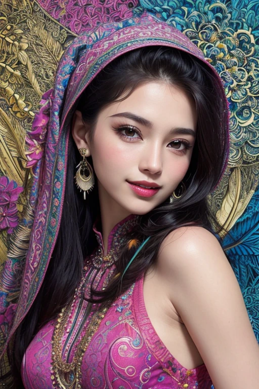 (masterpiece, top quality, best quality, official art, Beautiful and beautiful:1.2), (1 girl:1.3), smiling,moeslim woman wear intricate hijab, Very detailed,(fractal art:1.1),(rich and colorful:1.1)(flowers:1.3),most detailed,(Zentangle:1.2), (abstract background:1.3), (shiny skin), (Many colors:1.4), ,(earrings), (feather:1.5),