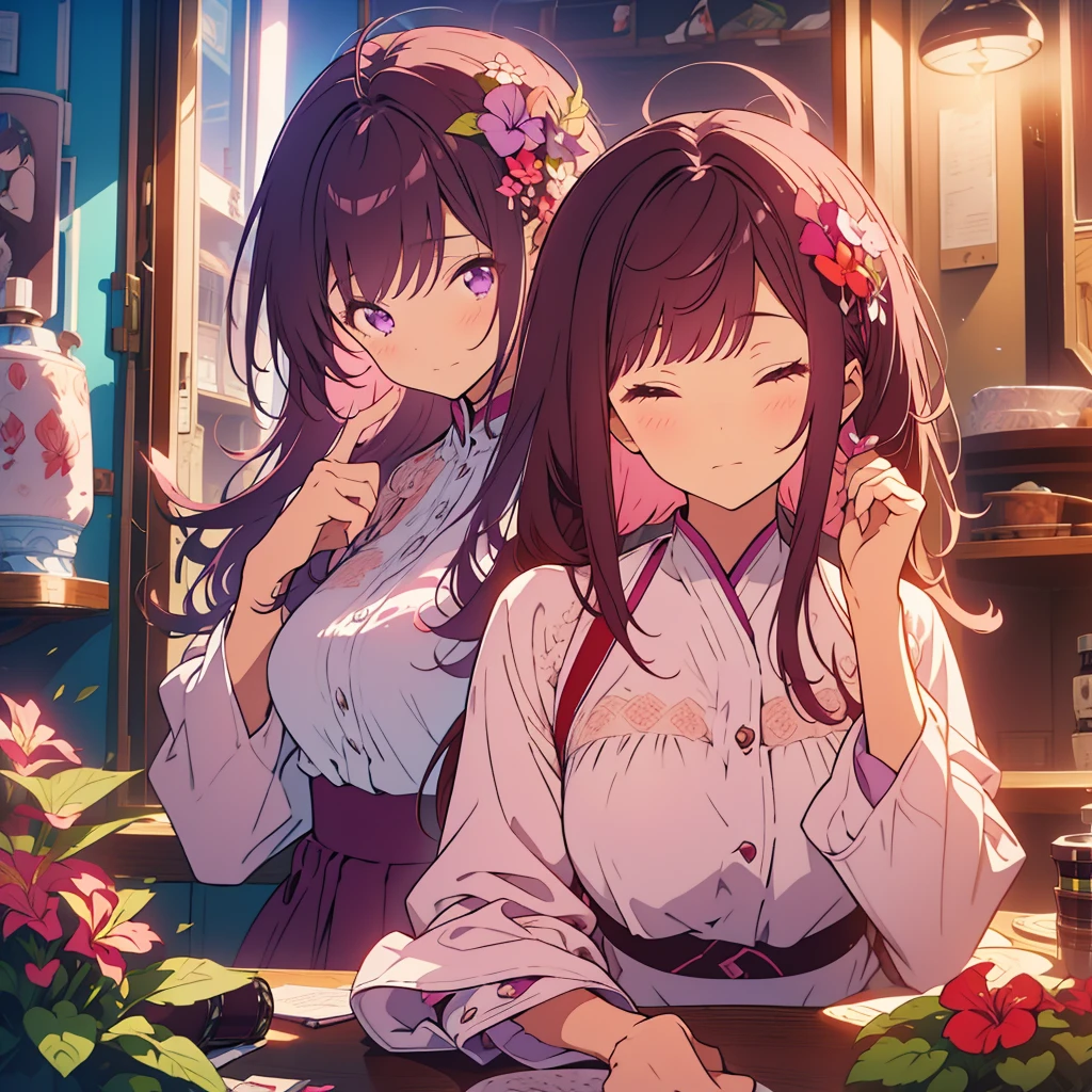 Purple Streptocarpus Flowers、A girl with long dark brown hair sits with her eyes closed、A with short pink hair sings with her mouth open