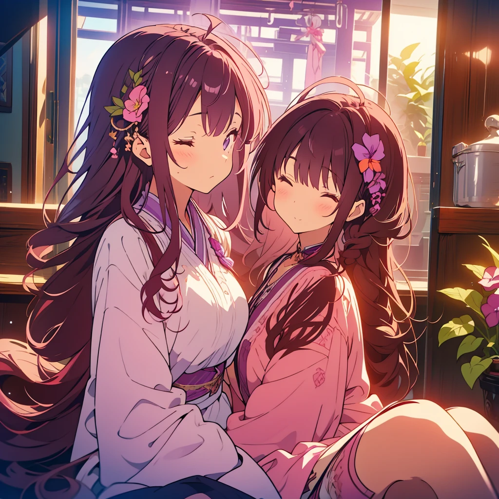 Purple Streptocarpus Flowers、A girl with long dark brown hair sits with her eyes closed、A  with short pink hair sings with her mouth open