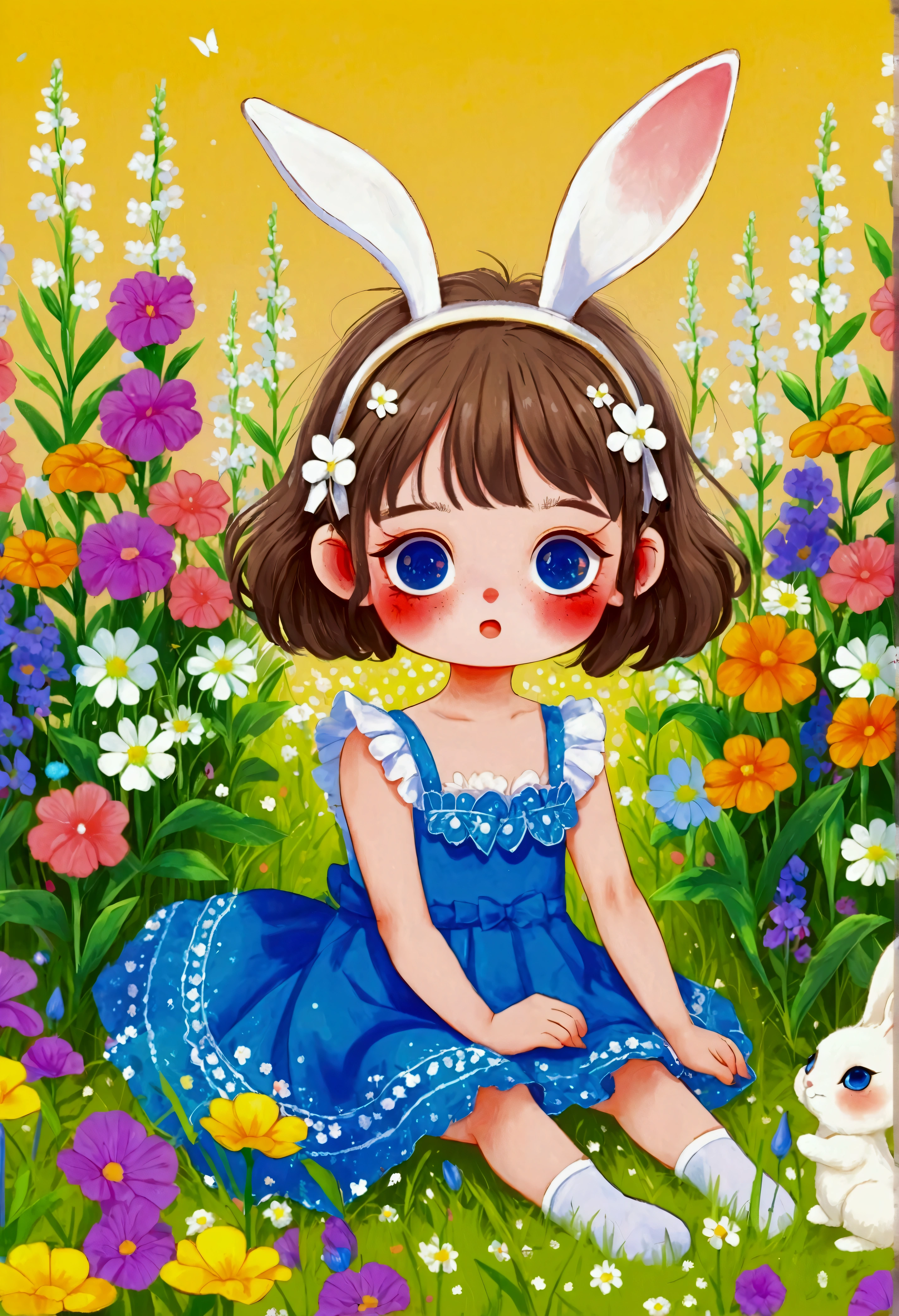 a small girl with brown hair, brown eyes, blue long-sleeved dress, sitting in a field of white flowers, pastel color style