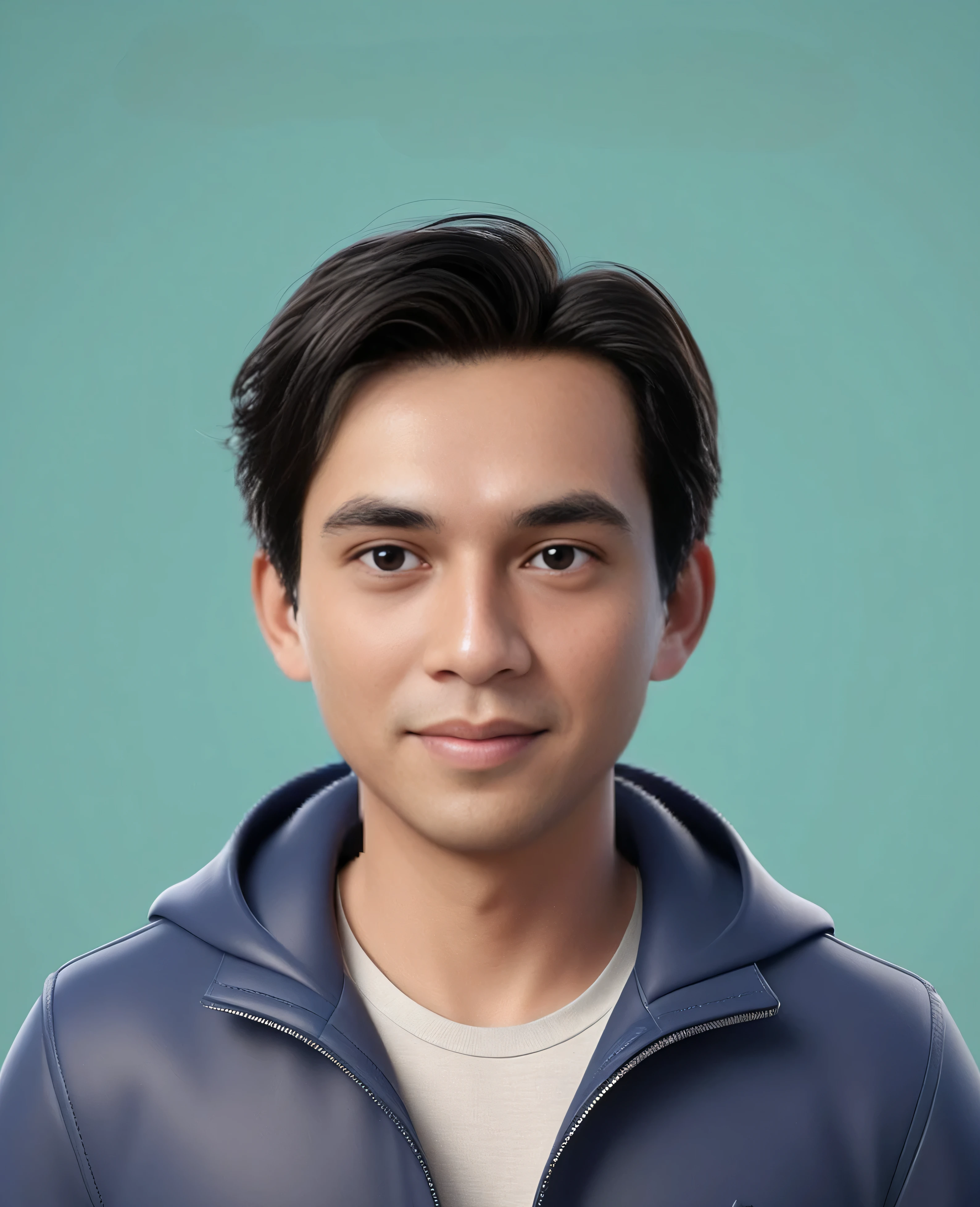 Create a full body portrait of cartoonish caricature 3D animation of a big-headed facing straight to the camera. a 25 years old Pakistani businessman. He has short black pixie cut hair. His face is oval with smooth lines, thick and neat black eyebrows, normal eyes, a small, sharp nose, and thin lips with a wide, friendly smile. He wore a black double breasted suit. Gradient blue background. masterpiece, top quality, highly detailed skin and face, ultra-realistic, high definition, sharp focus, Concept Art. Front facing, medium wide angle shot, in a office environment.
