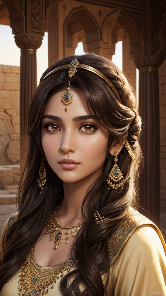 Ancient persian young beautiful woman with dark brown long with smooth curls. She has light brown eyes. She is dressed in a typical ancient persian desert princess outfit. She stands in front of her family's royale place. Her face is smoothly mature but still young and beautiful. She has some lara croft shape face. Her nose is not that small