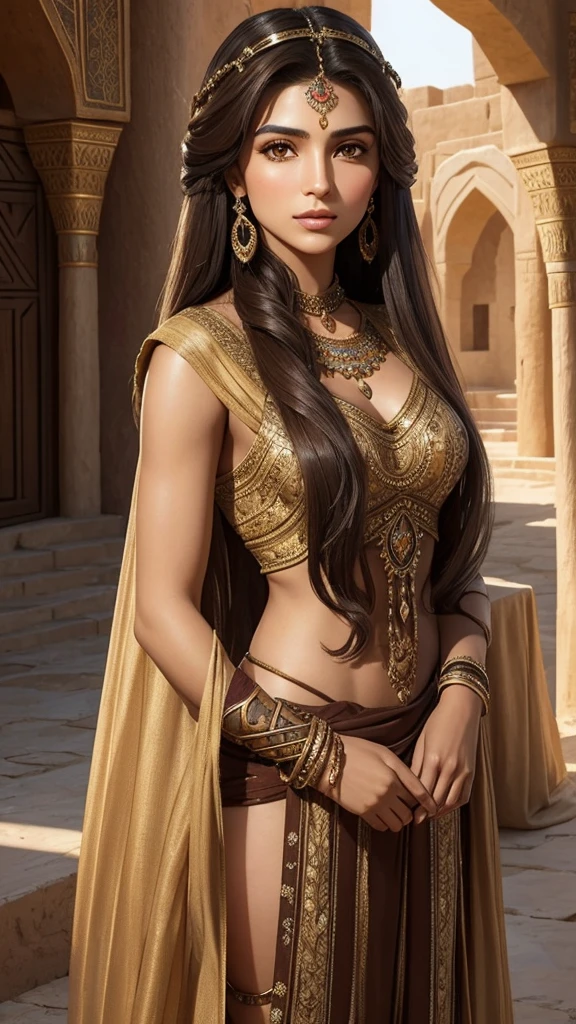 Ancient persian young beautiful woman with dark brown long with smooth curls. She has light brown eyes. She is dressed in a typical ancient persian desert princess outfit. She stands in front of her family's royale place. Her face is smoothly mature but still young and beautiful. She has some lara croft shape face. Her nose is not that small. She has sensual face and expression. She is not smiling, just staring sensually to the camera.