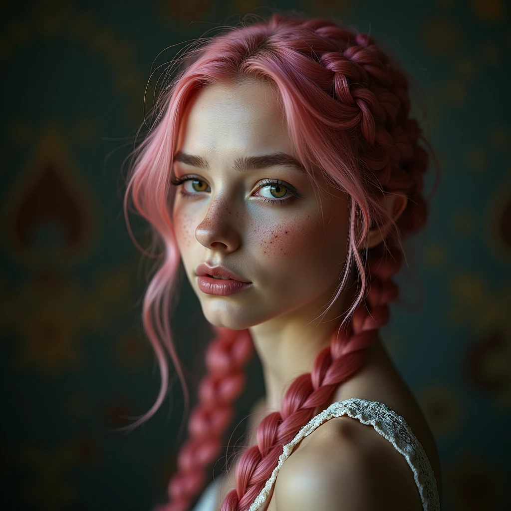(Realisttic:1.2), analog photo style, Beautiful young woman, posing, with freckles and long pink hair braided, (steampunk dark fantasy atmosphere), soft natural light, cute and sexy, great quality, Masterpiece, detailed strange background, better performance, 16k quality, RAW photo