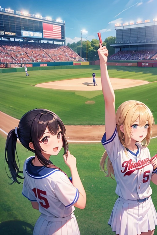 During a high school baseball game、Please draw an illustration of high school girls cheering in the stands.。They are wearing school uniforms、They are holding cheering goods and the school flag in their hands.。In the background is a baseball stadium where a game is being played.。