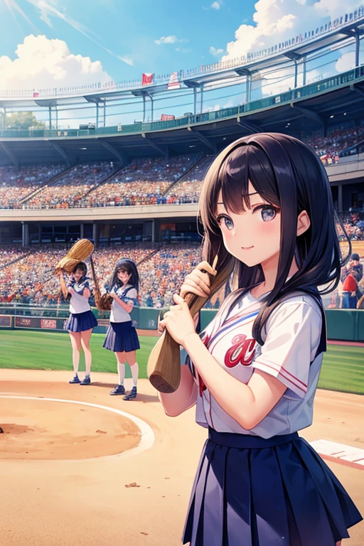 During a high school baseball game、Please draw an illustration of high school girls cheering in the stands.。They are wearing school uniforms、They are holding cheering goods and the school flag in their hands.。In the background is a baseball stadium where a game is being played.。