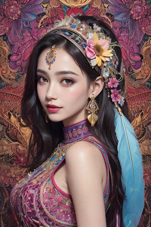(masterpiece, top quality, best quality, official art, Beautiful and beautiful:1.2), (1 girl:1.3), smiling,moeslim woman wear intricate hijab and long tunic dress, Very detailed,(fractal art:1.1),(rich and colorful:1.1)(flowers:1.3),most detailed,(Zentangle:1.2), (abstract background:1.3), (shiny skin), (Many colors:1.4), ,(earrings), (feather:1.5),