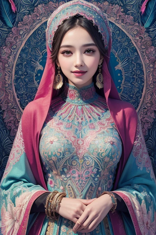 (masterpiece, top quality, best quality, official art, Beautiful and beautiful:1.2), (1 girl:1.3), smiling,moeslim woman wear intricate hijab and long tunic dress, Very detailed,(fractal art:1.1),(rich and colorful:1.1)(flowers:1.3),most detailed,(Zentangle:1.2), (abstract background:1.3), (shiny skin), (Many colors:1.4), ,(earrings), (feather:1.5),