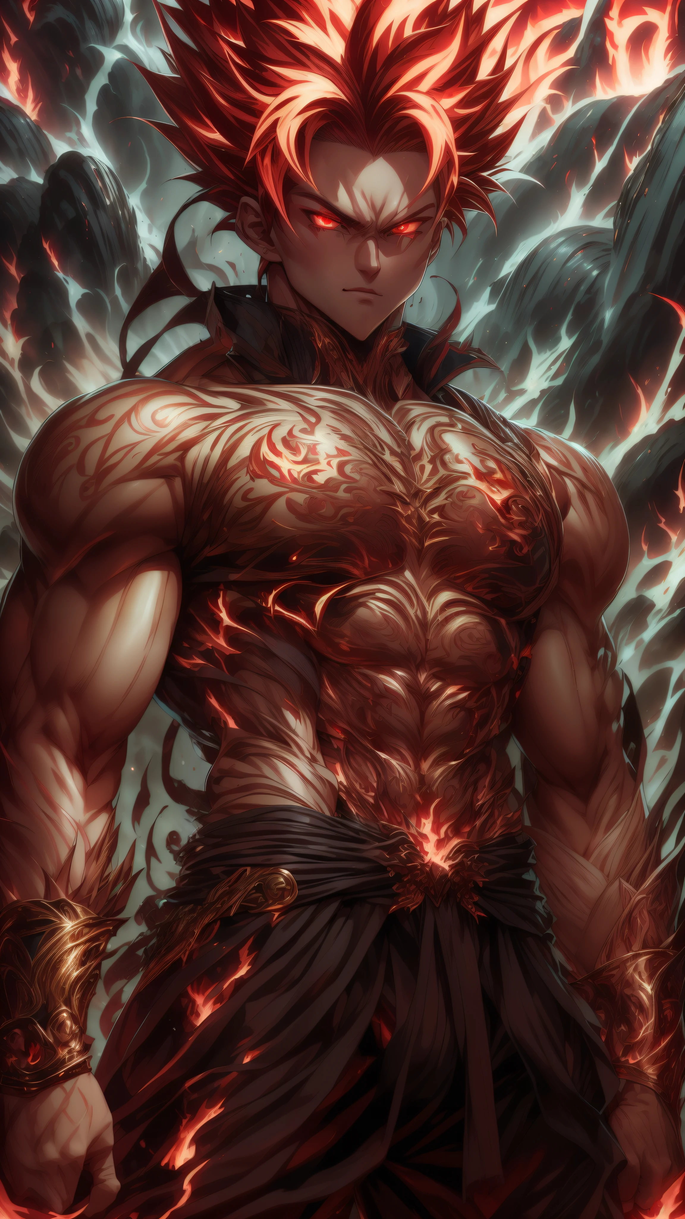 Handsome guy with red eyes, On a neutral dark background, Two red and blond hair colors,Relatively short hair,Handsome,Tall muscular man,A handsome and decisive ,Eight-pack abs,upper body bare, The body emits a golden glow,Majestic gestures and trampling on fiery flames. Flames surged around them, creating an opulent atmosphere