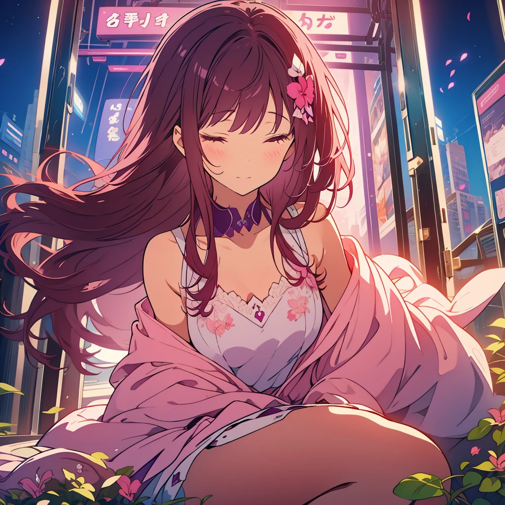 Purple Streptocarpus Flowers、A girl with long dark brown hair sits with her eyes closed、A with short pink hair sings with her mouth open