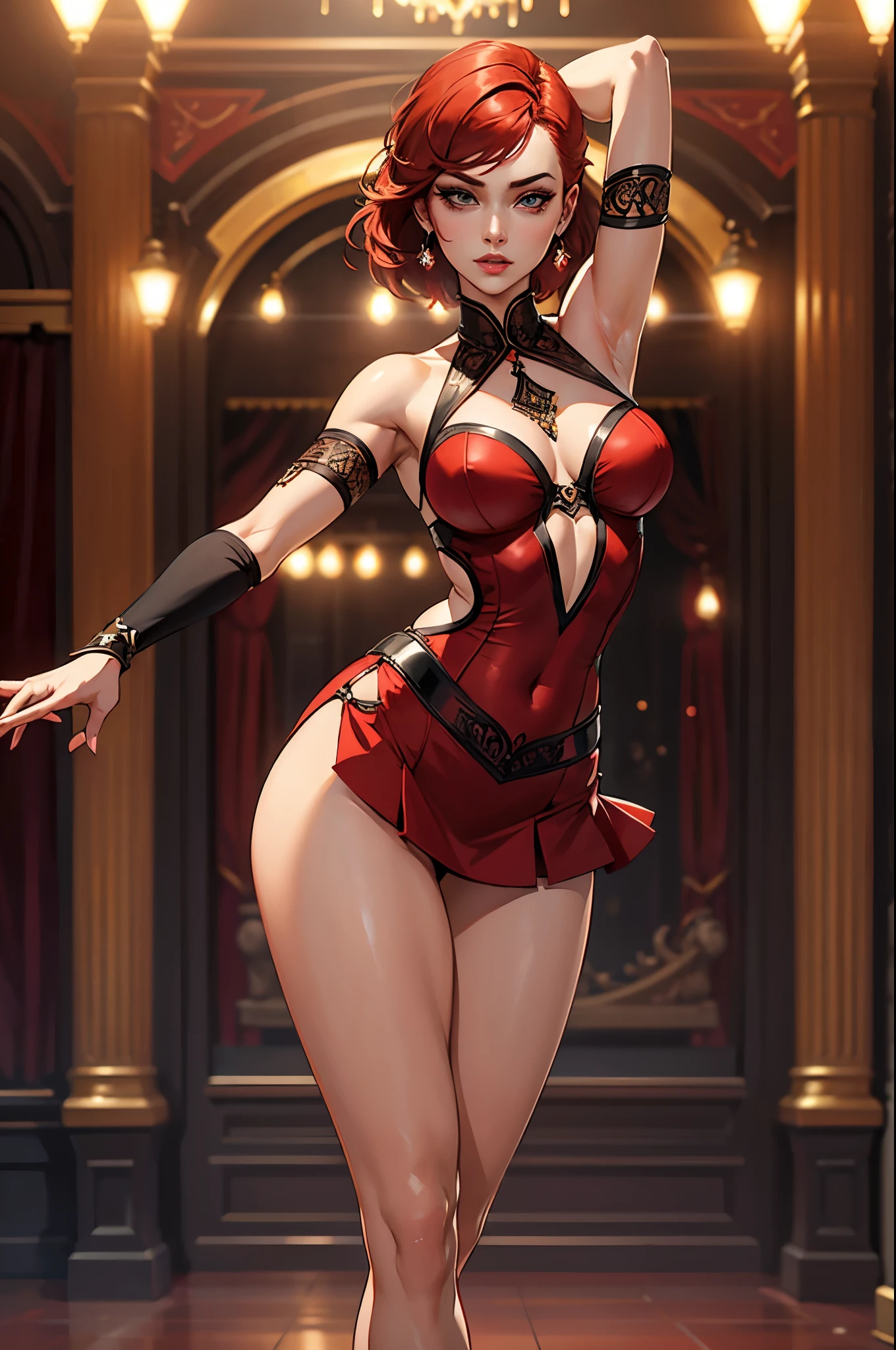 beautiful and sensual dancer, confident, red hair, very short miniskirt, legs and thighs, detailed face, beautiful eyes, detailed lips, slim figure, intricate dance pose, graceful movement, masterpiece