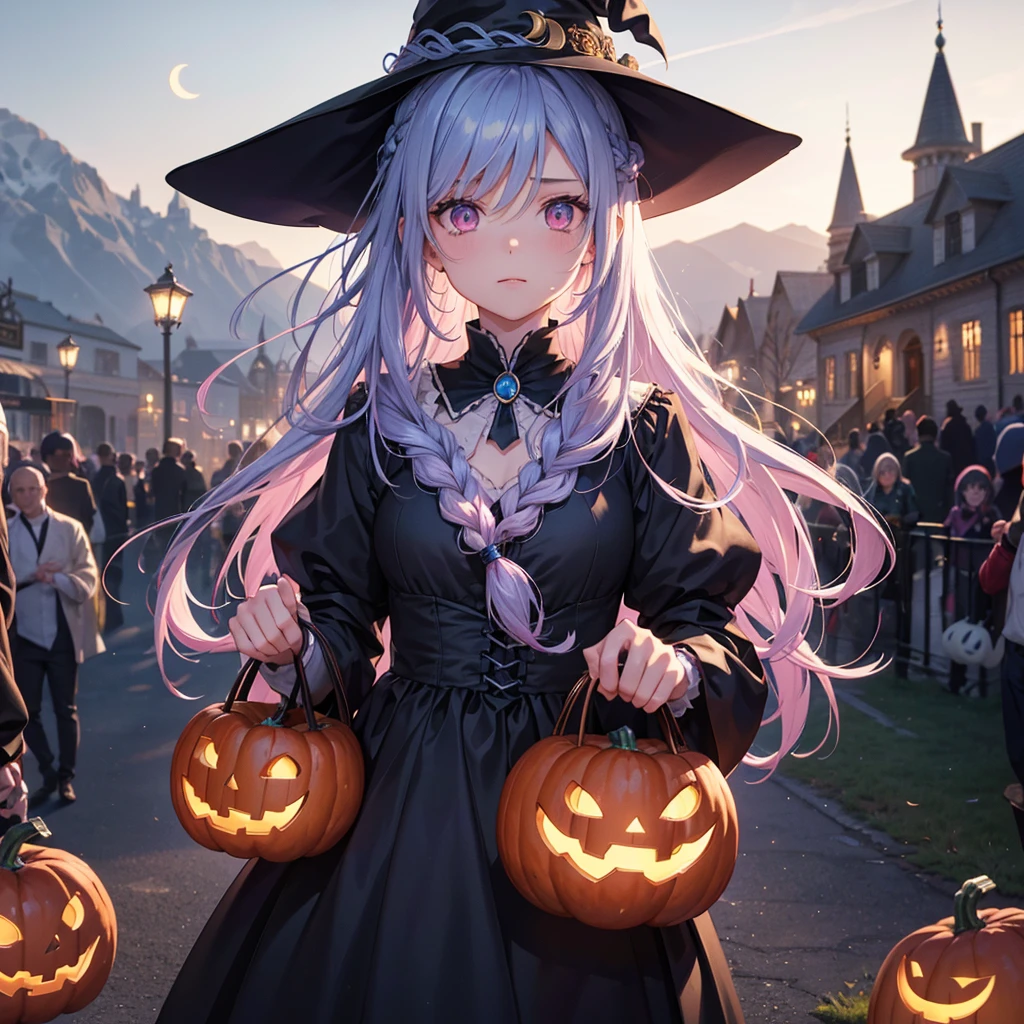 (Sky blue braided medium length hair:1.2), (Pink eyes),Fair skin) ,(whole body),(One Girl),(Crescent Moon),(A large number of pumpkin ghosts in the background),(Trick or Treat),Halloween Party),(masterpiece, Highest quality, Very detailed, Best Shadow), (Detailed Background), (Beautifully detailed face), High Contrast, (Best lighting, Very delicate and beautiful), ((Cinematic Light)), Hyper Detail,8k, Dramatic Light, Intricate details,Witch's Clothes,Magic broom,night,Bats fly in the sky,