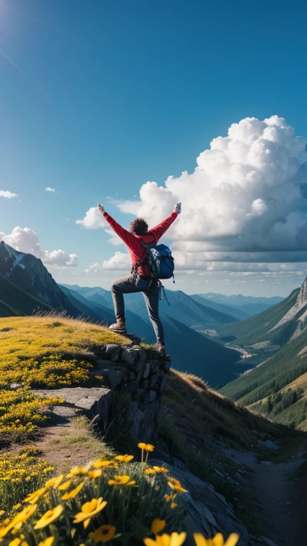 Create a vibrant and motivational image that conveys the message of perseverance. The image must include a figure climbing a sunny mountain, with a smile on your face and eyes fixed on the top. The sky must be blue and bright, and the atmosphere must be full of energy and determination.