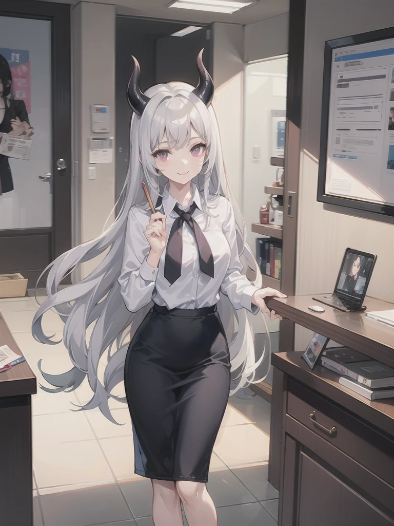 office lady, matured looking, long hair middle split, silver hair, purple horns, devil,  pale skin, skinny body, tall, wearing white shirt and pencil skirt, holding the viewer, caring experession,  soft, smile