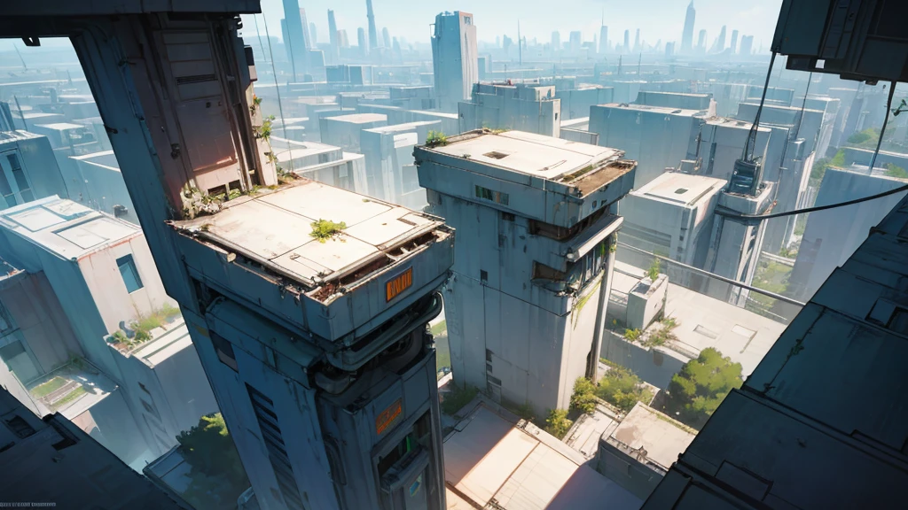 set the scene from the top of a building in an abandoned futuristic city full of plants taking the place. scenery seen from above