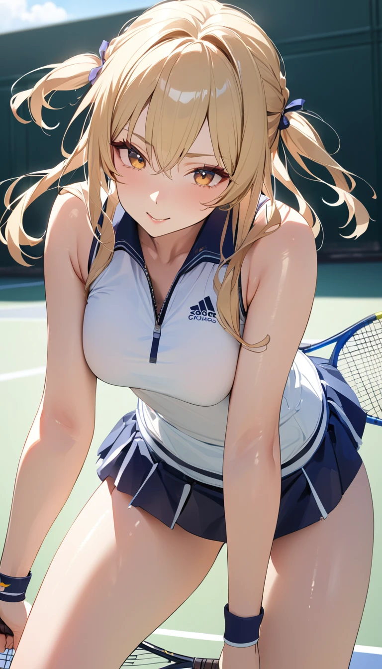 masterpiece,Highest quality,8k,Blonde,Tennis Wear,Tennis court,Bold Pose,Shiny hair,Glossy skin,Japanese idol model,