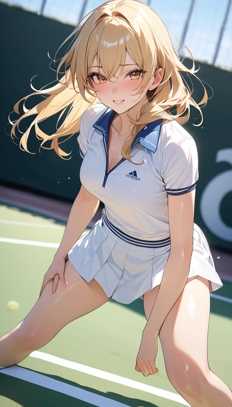 masterpiece,Highest quality,8k,Blonde,Tennis Wear,Tennis court,Bold Pose,Shiny hair,Glossy skin,Japanese idol model,