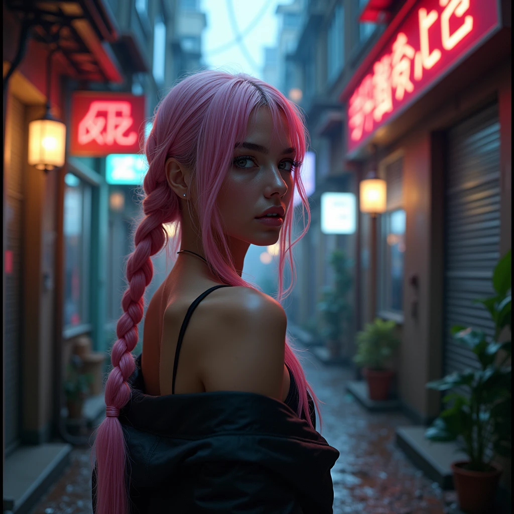 (Realisttic:1.2), analog photo style, Beautiful woman, posing, long pink hair braided, (cyberpunk dark fantasy atmosphere), soft natural light, cute and sexy, great quality, Masterpiece, detailed strange background, better performance, 16k quality, RAW photo, in a street, cyberpunk street, fish eye shot