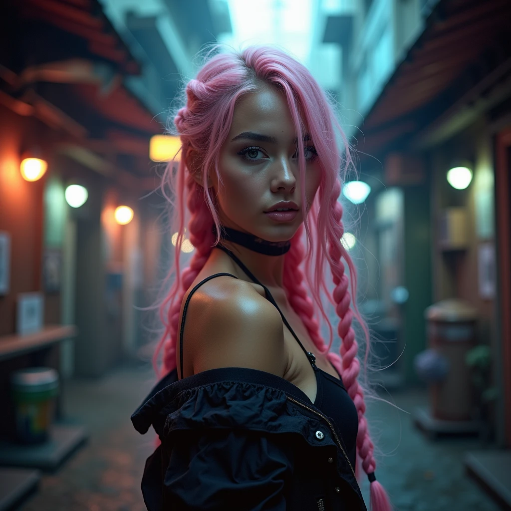 (Realisttic:1.2), analog photo style, Beautiful woman, posing, long pink hair braided, (cyberpunk dark fantasy atmosphere), soft natural light, cute and sexy, great quality, Masterpiece, detailed strange background, better performance, 16k quality, RAW photo, in a street, cyberpunk street, fish eye shot