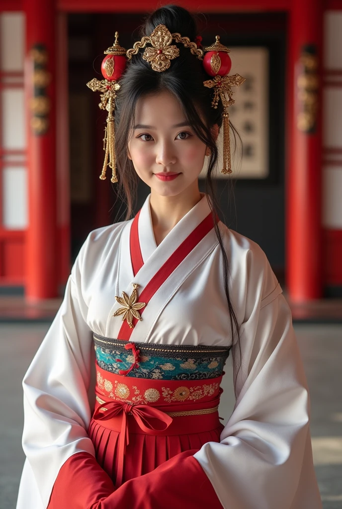 ((Highest quality、Tabletop、8k、Best image quality))、A beautiful Shrine maiden、((Shrine maiden'White、Shrine maiden千早、Shrine maiden'Red Hakama、perfect real Shrine maiden costume))、(Woman's upper body photo:1.3)、Look at me、The best smile、The background is a magnificent and luxurious shrine.、The majestic and luxurious exterior resembles a real shrine、A gorgeous and authentic shrine with Niwa lacquerware