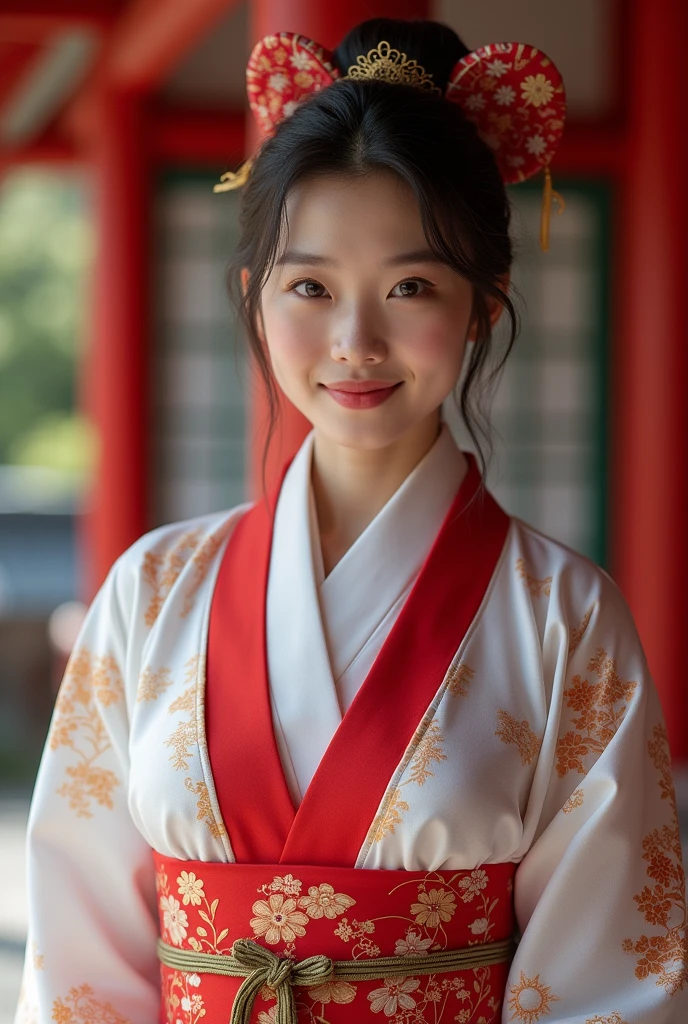 ((Highest quality、Tabletop、8k、Best image quality))、A beautiful Shrine maiden、((Shrine maiden'White、Shrine maiden千早、Shrine maiden'Red Hakama、perfect real Shrine maiden costume))、(Woman's upper body photo:1.3)、Look at me、The best smile、The background is a magnificent and luxurious shrine.、The majestic and luxurious exterior resembles a real shrine、A gorgeous and authentic shrine with Niwa lacquerware