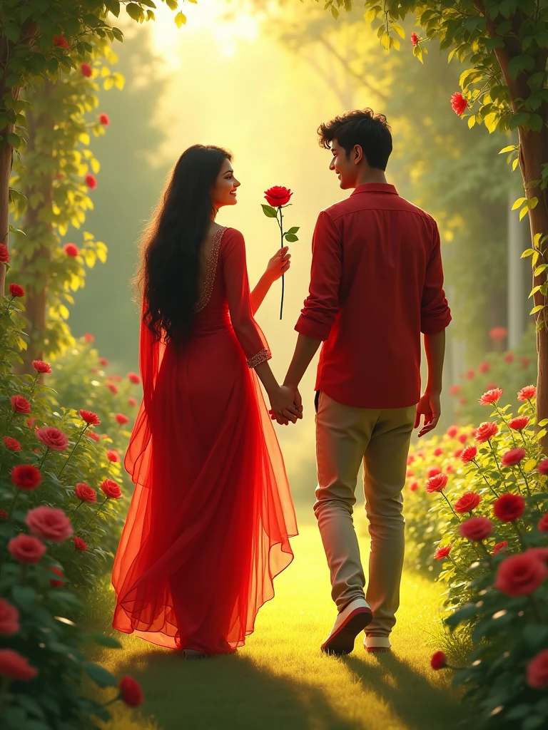 There is a 21 year old Indian girl she is wearing a red suit and salwar and she is going towards the garden and her boyfriend behind her is coming in front of her with a rose in her hand and giving it in her hand.  HD realistic art image