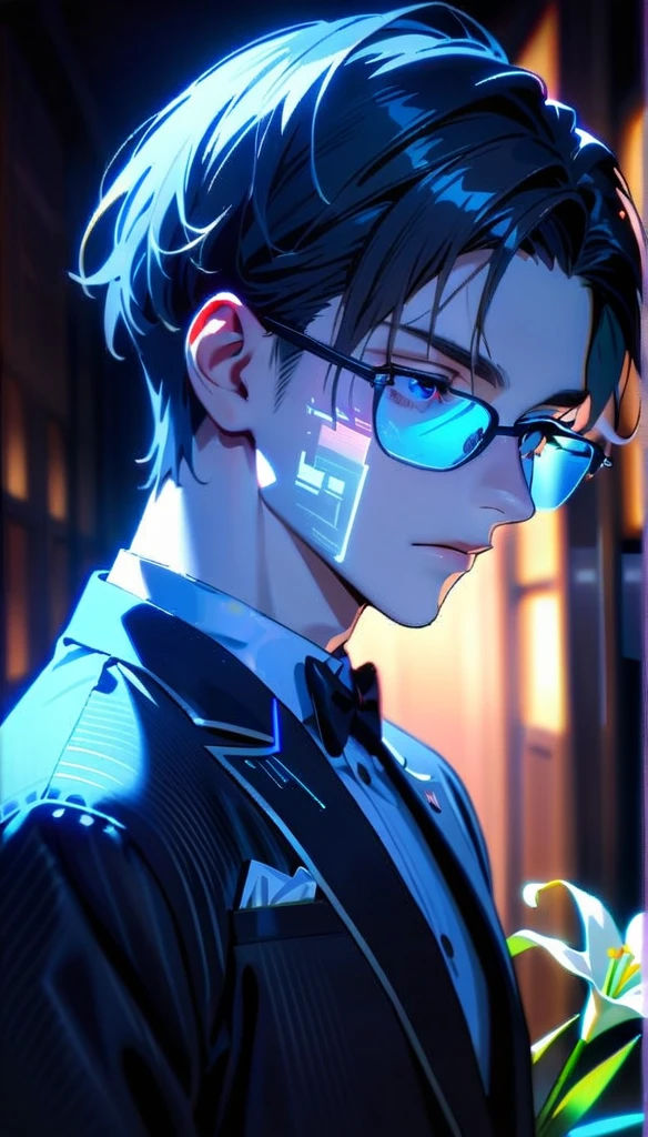 Masterpiece, Best Quality, Super Detailed, High Definition, Expensive Resolution, HDR, Super Detailed CG, Beautiful Details, Depth, Fine Texture, Super Fine, Complete concentration, Pale skin, Handsome man, smart and cool man, confident, short hair, black hair, blue hair highlight, beautiful detail eyes, emerald eyes, full details black tuxedo suit, blue trim, glasses, 1 male, pin a lily on one's chest, Cold face and eyes, closed mouth, ethereal atmosphere, lily garden, intricate details, volumetric lighting, atmospheric lighting, lens flare, particles, Cinematic light, colorful light, white colors schemes, Holding a white lily flower, fine detail, intricate, beautiful detailed glow, extremely detailed eyes and face, futuristic, hlpr, (hologram, glitch, holographic face, ui, interface, nodes), 