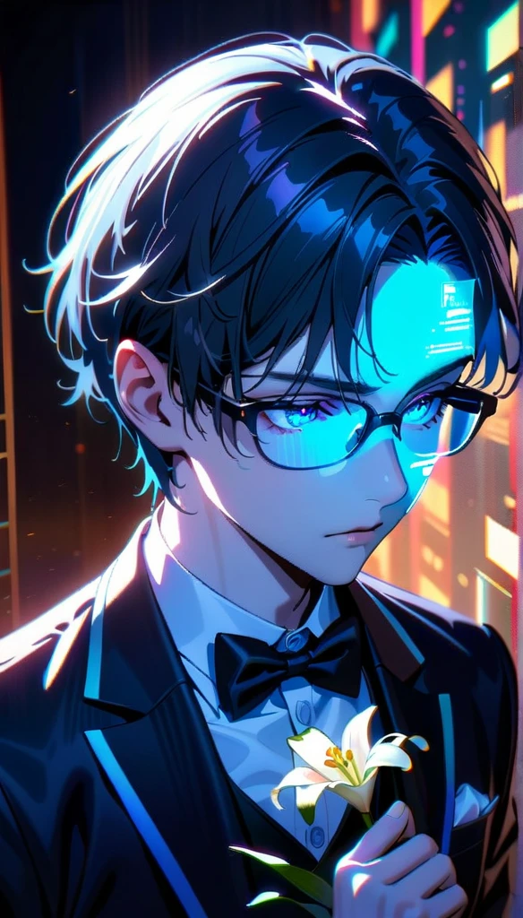 Masterpiece, Best Quality, Super Detailed, High Definition, Expensive Resolution, HDR, Super Detailed CG, Beautiful Details, Depth, Fine Texture, Super Fine, Complete concentration, Pale skin, Handsome man, smart and cool man, confident, short hair, black hair, blue hair highlight, beautiful detail eyes, emerald eyes, full details black tuxedo suit, blue trim, glasses, 1 male, pin a lily on one's chest, Cold face and eyes, closed mouth, ethereal atmosphere, lily garden, intricate details, volumetric lighting, atmospheric lighting, lens flare, particles, Cinematic light, colorful light, white colors schemes, Holding a white lily flower, fine detail, intricate, beautiful detailed glow, extremely detailed eyes and face, futuristic, hlpr, (hologram, glitch, holographic face, ui, interface, nodes),