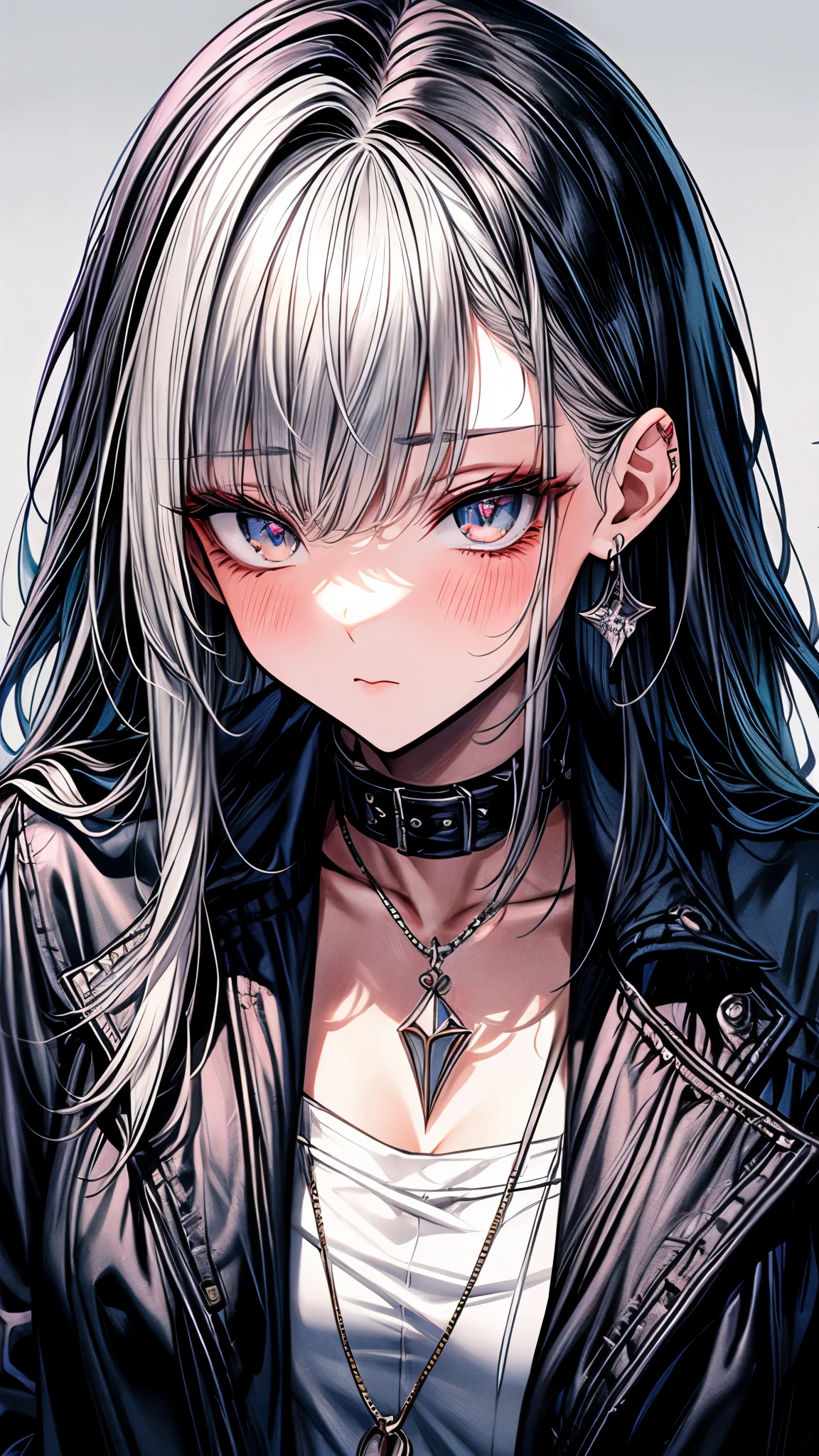 high resolution, Anatomically correct, best quality, Highly detailed, 1 girl, looking at the audience, Anatomically correct, best quality, colorful hair, Hair highlights, white hair, black hair, Uneven hairstyles, Uneven bangs, I have very long hair., full bangs, big breasts, Dark makeup, Embarrassed, Light blush on the cheeks, Dark eyes that are multi-colored, Gradient eye color, The left and right eyes are different colors., Chin foot, Close-up photography, Anime style, Jacket,Wrist bandage,blood on face,thug,mafia,adult body