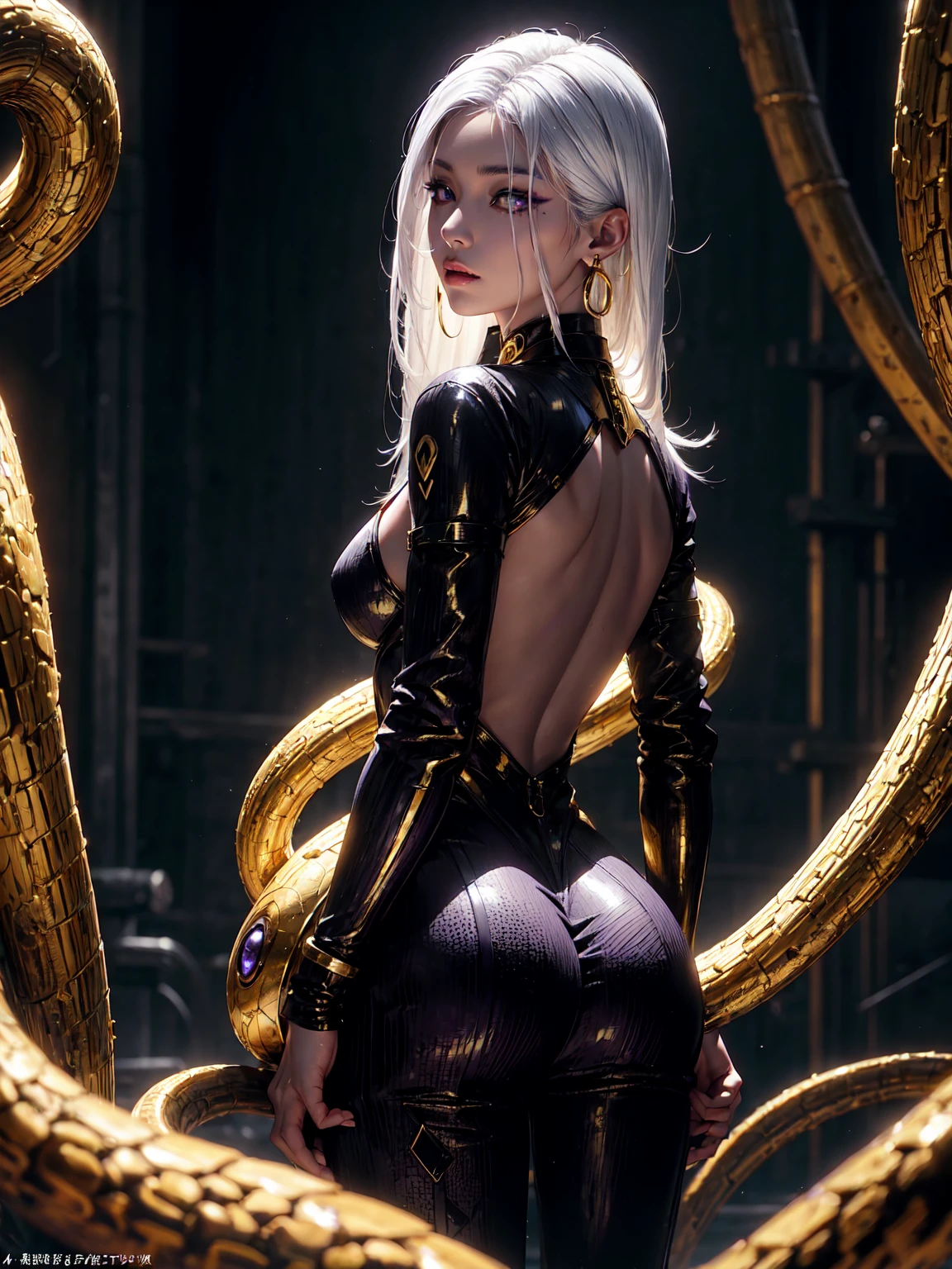 A  with pure white straight hair, Dark Skin, Latin ancestors, Purple Iris, Wearing a black tactical suit with gold thread、She wears gold earrings in the shape of snakes. Detailed eyes, Detailed face, Complex grunge costumes, Cinema Lighting, Realistic concept art with strong backlighting.