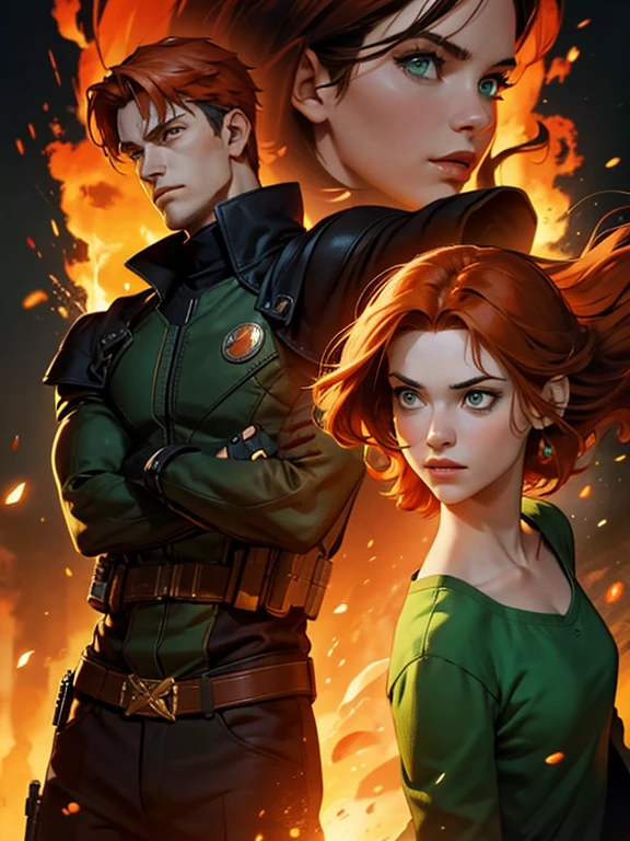 Poster for the film "Matrix, 2 characters, green-eyed cute girl with fiery orange hair and a brown-haired boy; dynamic poses, cinematic lighting