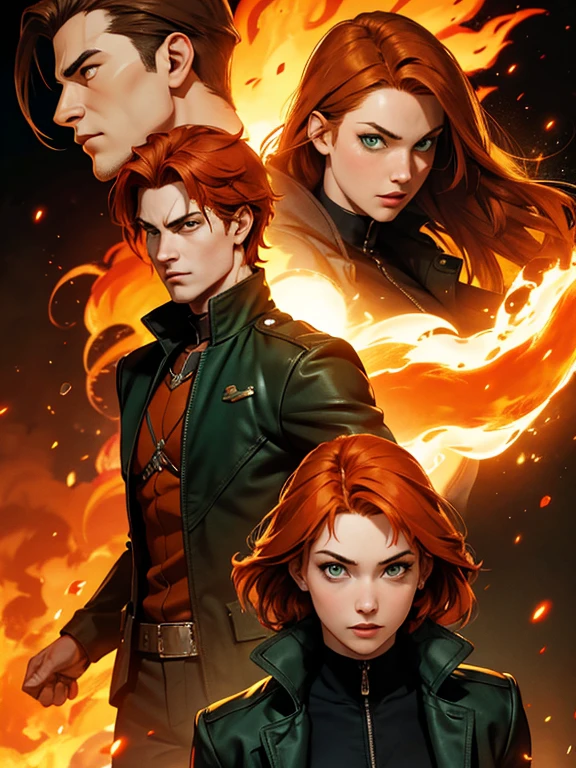 Poster for the film "Matrix, 2 characters, green-eyed cute girl with fiery orange hair and a brown-haired boy; dynamic poses, cinematic lighting