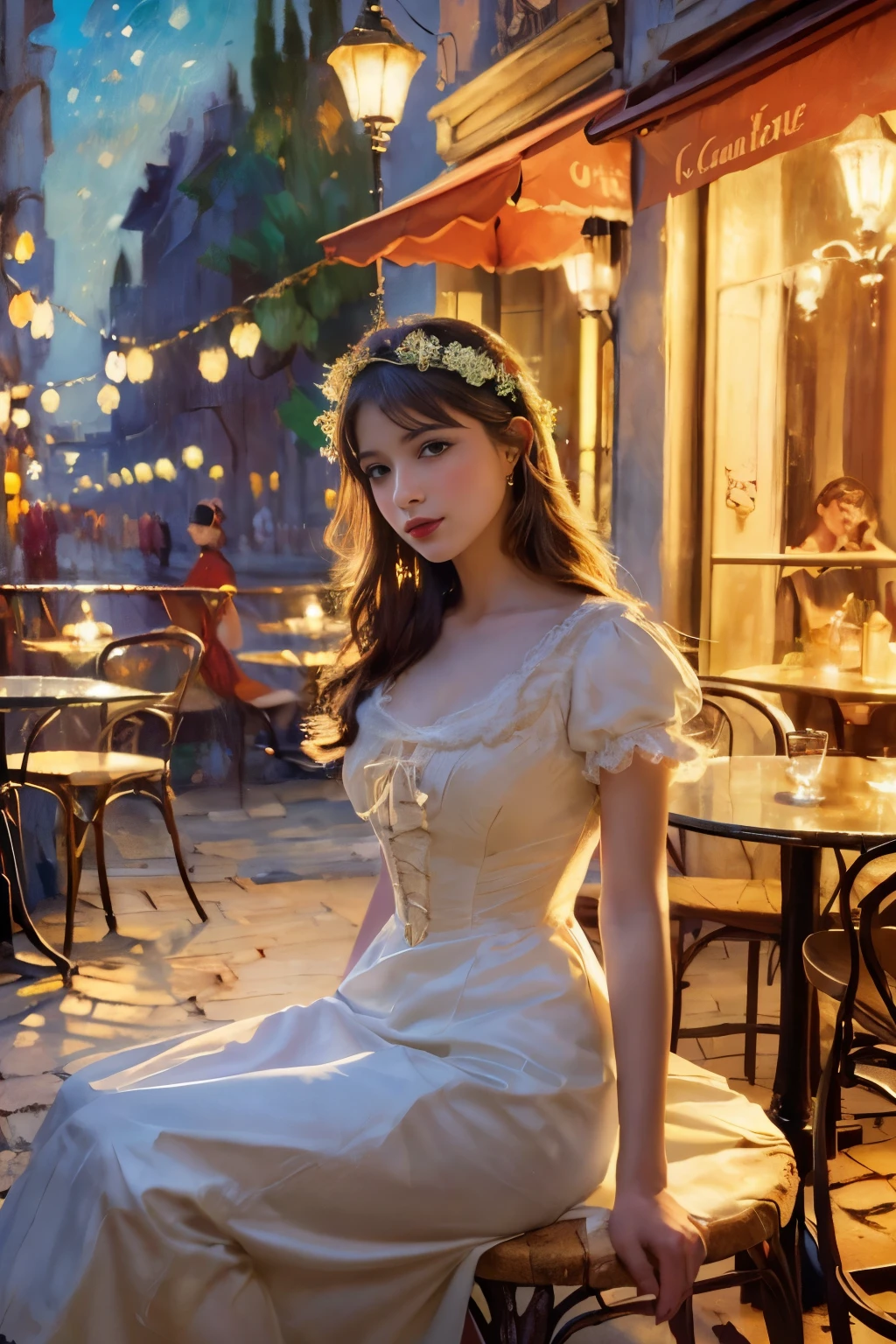 antique style, white european gypsy woman , curly longhair , long red 18th century dress with white corset , white long sleeves, looking at the full moon from a balcony , Having a glass of wine . wearing jewelry .