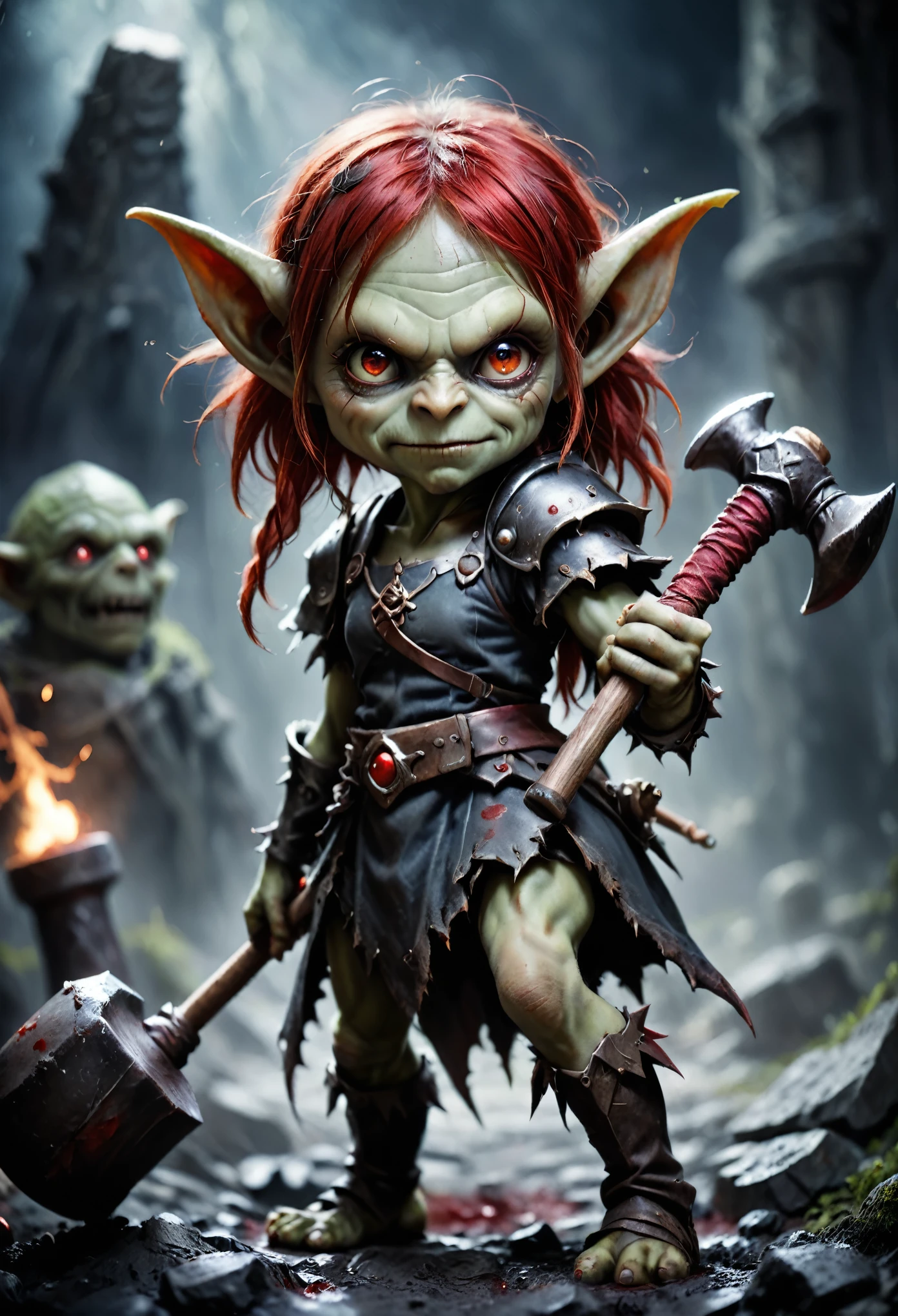 Realistic anime character, cute goblin femail, redhead, red eyes, full body portrait, holding a big hammer, little smile, in battle, dynamic composition, intricate gloomy background, dark fantasy style, dark arts, depth of field, blood of the enemies
