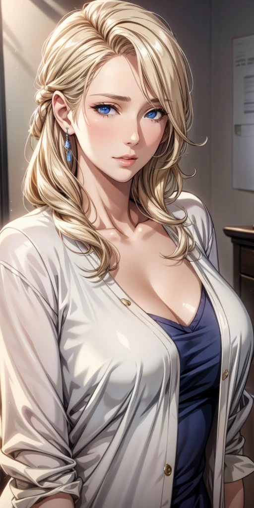 Elegant mature woman, blue eyes, blonde hair, soft light, 4k resolution, high quality, beautiful cg